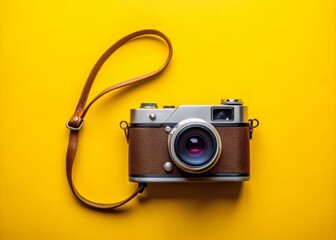 Retro camera with leather strap stands alone on bright yellow background, evoking nostalgic travel memories, with ample copy space for text or design elements.