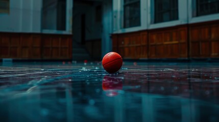 Basketball Lying On The Floor In A Lonely Atmosphere, High Quality Background