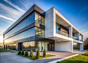 Obraz premium Modern architecture showcases sleek minimalist exterior featuring geometric shapes, clean lines, and monochromatic color scheme, creating a harmonious balance of form and function.
