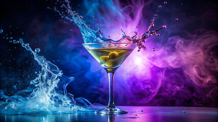 delicious martini cocktail on neon background
