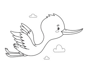 Cute flying stork. Outline cartoon kawaii bird character. Line drawing, coloring book. Vector illustration