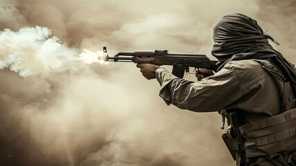 Terrorism concept. A rebel soldier takes aim at targets with a machine gun. Portrait. High quality photo.