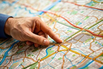 hand point finger on map. Finding direction