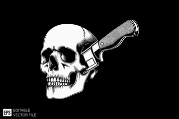 Skull head and knifevector illustration design black and white