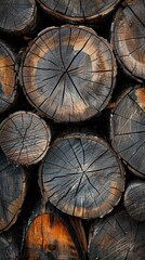 Naklejka premium Stacked tree trunk cross-sections with visible rings