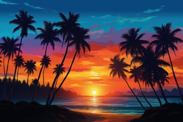 Palm trees sunset summer beach.