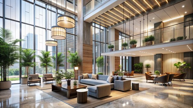 Minimalist hotel lobby open concept high ceilings