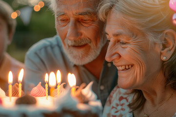 Elderly Couple Celebrating Birthday with Cake and Candles in Warm Outdoor Setting