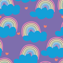 Seamless pattern with cute cartoon rainbows and clouds, for fabric prints, textiles, gift wrapping paper. children's colorful vector, flat style