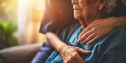Elderly Care and Compassion  Close Up of Senior Woman Comforted by Caregiver in Warm Light