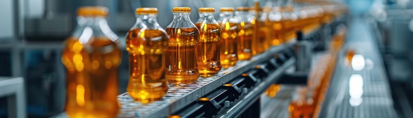 Close-up of a beverage production line with bottles filled with orange liquid, showcasing industrial automation and manufacturing processes.