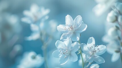 A close up of a bunch of white flowers with blue sky in the background