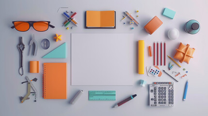 An orderly square of modern educational tools on a white canvas.