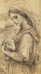 Obraz premium The painting of St. Agnes of Rome Holding Lamb in Ancient Rome, Beige Background, Copyspace