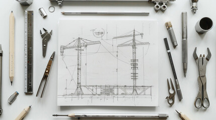 An orderly square of modern civil engineering drawing tools on a white canvas.