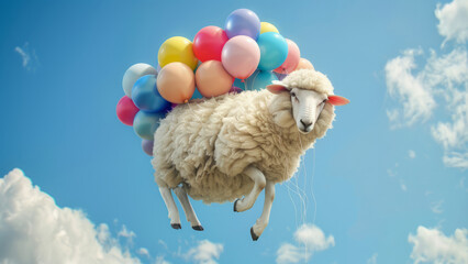 Sheep Flying with Colorful Balloons