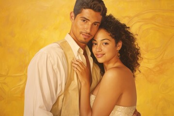 Young couple in love hugging on yellow background