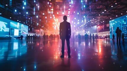 Silhouetted Inventor Stands Amidst Cutting-Edge Tech Expo Showcase
