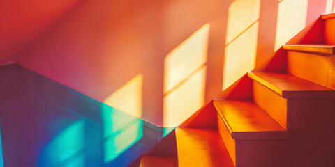 Vivid Colorful Staircase with Sunlight and Shadows in Modern Interior