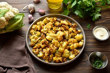 Roasted cauliflower on wooden table.