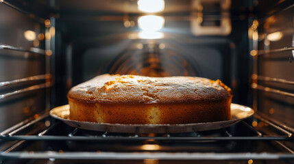 Delicious round sponge cake baking in oven on kitchen