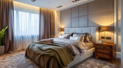 Obraz premium cozy bedroom home, bedroom interior design, beautiful home, plants, lights, comfy bed