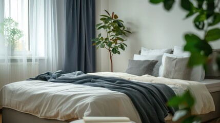 cozy bedroom home, bedroom interior design, beautiful home, plants, lights, comfy bed