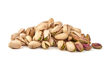 Pistachio nuts, isolated on white background. High resolution image.