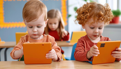Cartoon children using tablets in a modern classroom, techsavvy learning