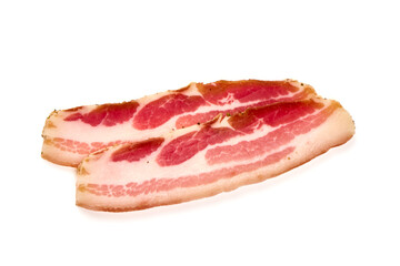 Smoked bacon. Streaky brisket slices, isolated on white background.