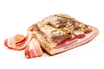 Smoked bacon. Streaky brisket slices, isolated on white background.