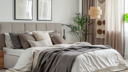 bedroom with bed, nightstand and wall art, plants, cozy bedroom home design, interior bedroom