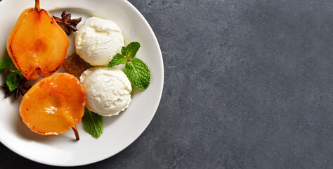 Poached pears with ice cream