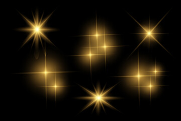 Golden sparkle  lights, flashing lights, light effects, sunlight lens flare, glowing ray beams, sparkling starsicon on black background.