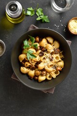 Pipe rigate pasta with roasted mushrooms and parmesan cheese
