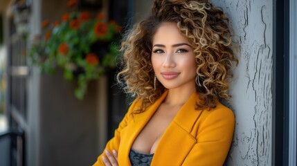 Fototapeta premium Confident Woman with Curly Hair in Yellow Blazer Standing Outdoors 