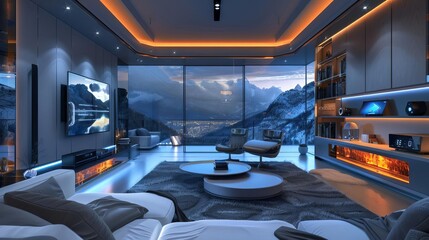 Fototapeta premium Futuristic smart living room featuring IoTenabled entertainment systems, voicecontrolled assistants, and automated climate control for ultimate convenience