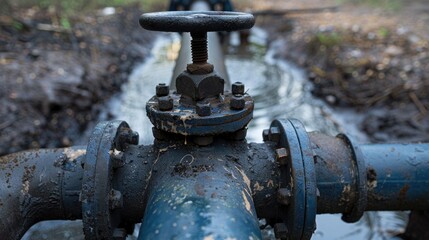 Front view of water supply system iron pipe with control valve