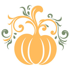 An orange pumpkin with decorative swirling vines and leaves in shades of green