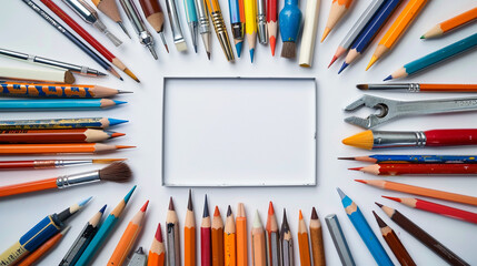 Assorted drawing tools forming a perfect square on a white background.