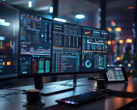 Hightech workstation with multiple monitors displaying advanced software development tools, code editors, and realtime debugging applications