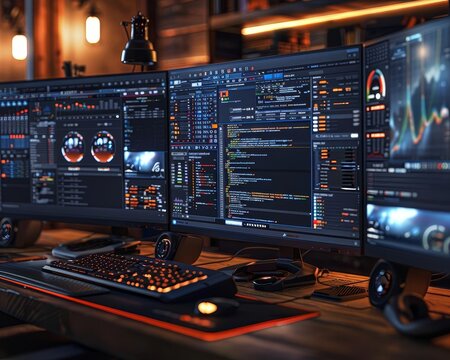 Hightech workstation with multiple monitors displaying advanced software development tools, code editors, and realtime debugging applications