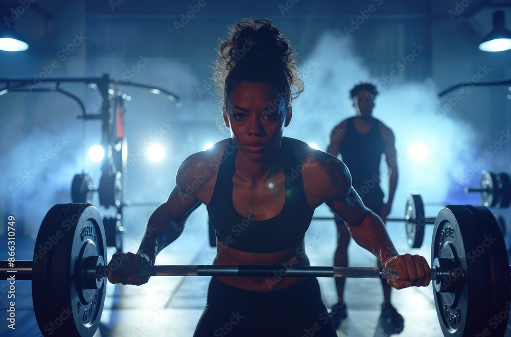 Poster a woman in black athletic wear doing deadlifts with two barbells