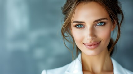 Naklejka premium Smiling Woman with Blue Eyes and Brown Hair in White Blazer Against Soft Blue Background, Space For Copy Text 