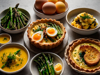 A seasonal menu showcasing egg dishes that reflect the flavors and ingredients of each season, such as spring asparagus and egg tart, summer egg salad, autumn pumpkin and egg quiche, and egg soup.