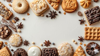 Fototapeta premium Assorted cookies, biscuits and spices arranged in a frame on white background. Food photography, bakery, baking, dessert, sweet treats, snack, gourmet, homemade, organic