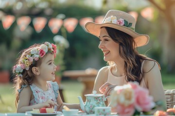 Mother and her daughter are sharing a laugh while having a tea party in a beautiful garden