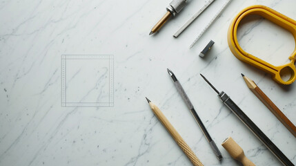 Assorted geometry tools creating a neat square on a white marble surface.