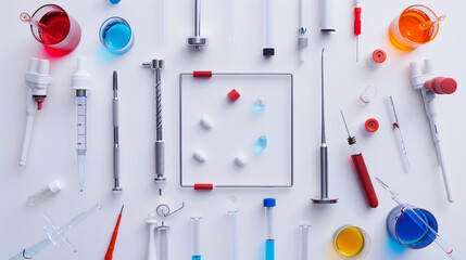 Assorted lab tools forming a geometric square on a white background.