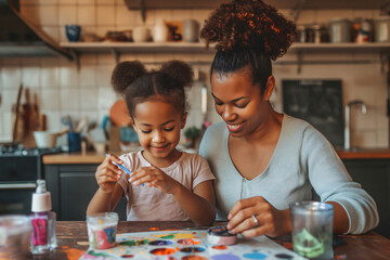 Fototapeta premium Mother and her daughter are painting at their kitchen table, enjoying a fun and creative activity together